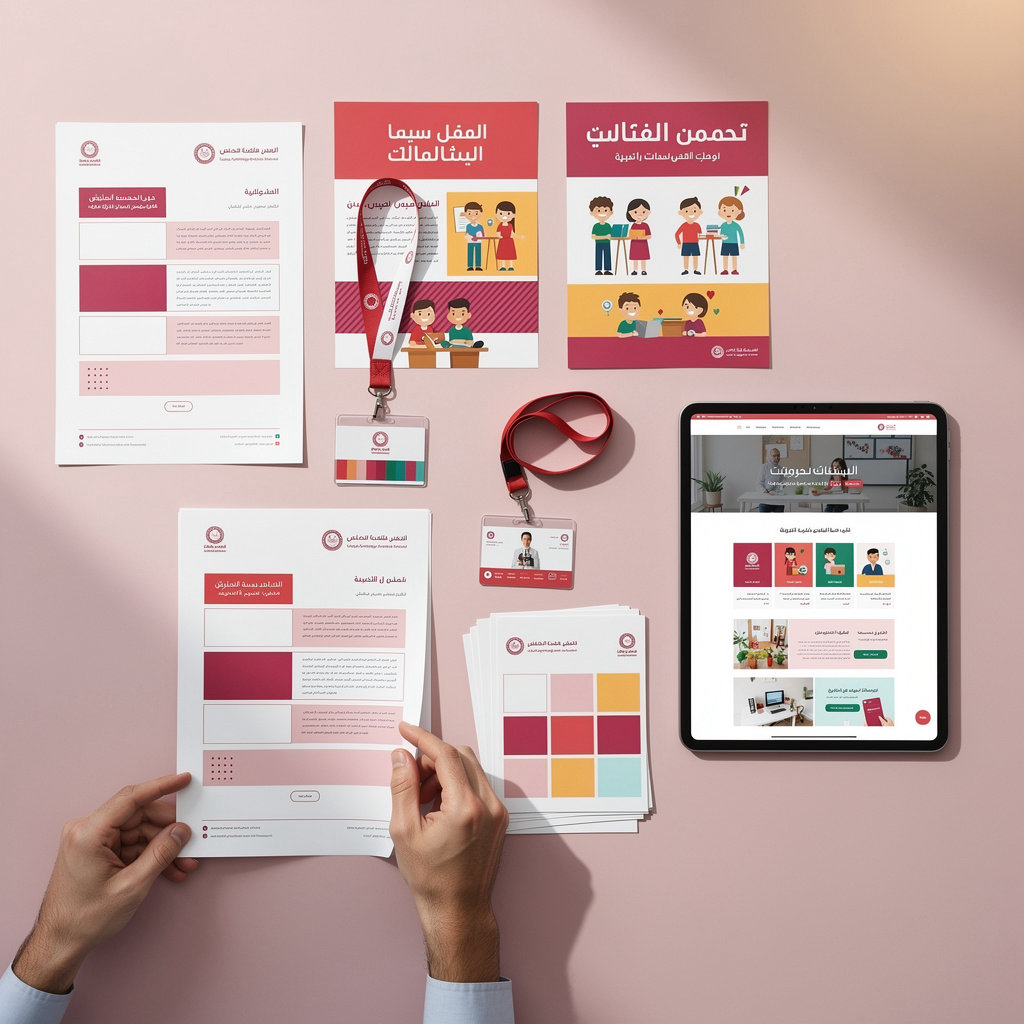 بصمة اثر للإعلام والإنجازات التعليمية - تطبيقات الهوية البصرية على الوثائق الرسمية والملصقات المدرسية والمواد الرقمية